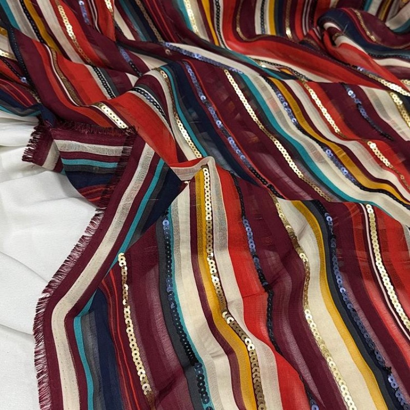 Ethnic Fashion Design - 컬러풀한 줄무늬 자수 스팽글 원단 민족