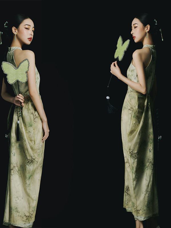 Ethnic Fashion Studio - 새로운 녹색 중국 스타일 백리스 드레스