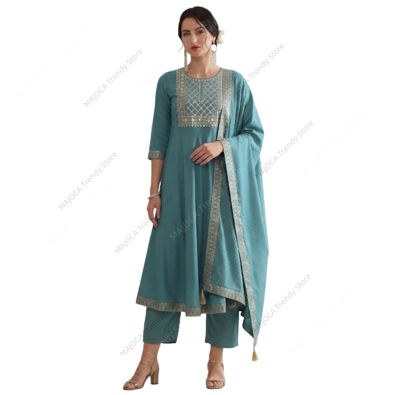 Salwar Kameez Set - 공작새 블루 인도 여성 3피스 세트
