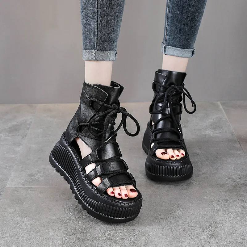 8CM 에스닉 소 가죽 앵클 부츠 여성용 속굽 플랫폼  - Ethnic Modern Fashion 리뷰 및 가격