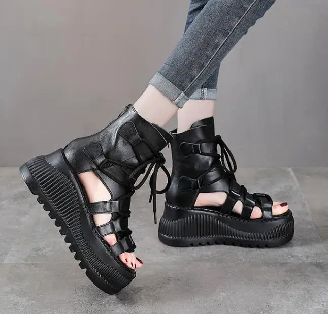 8CM 에스닉 소 가죽 앵클 부츠 여성용 속굽 플랫폼  - Ethnic Modern Fashion 리뷰 및 가격