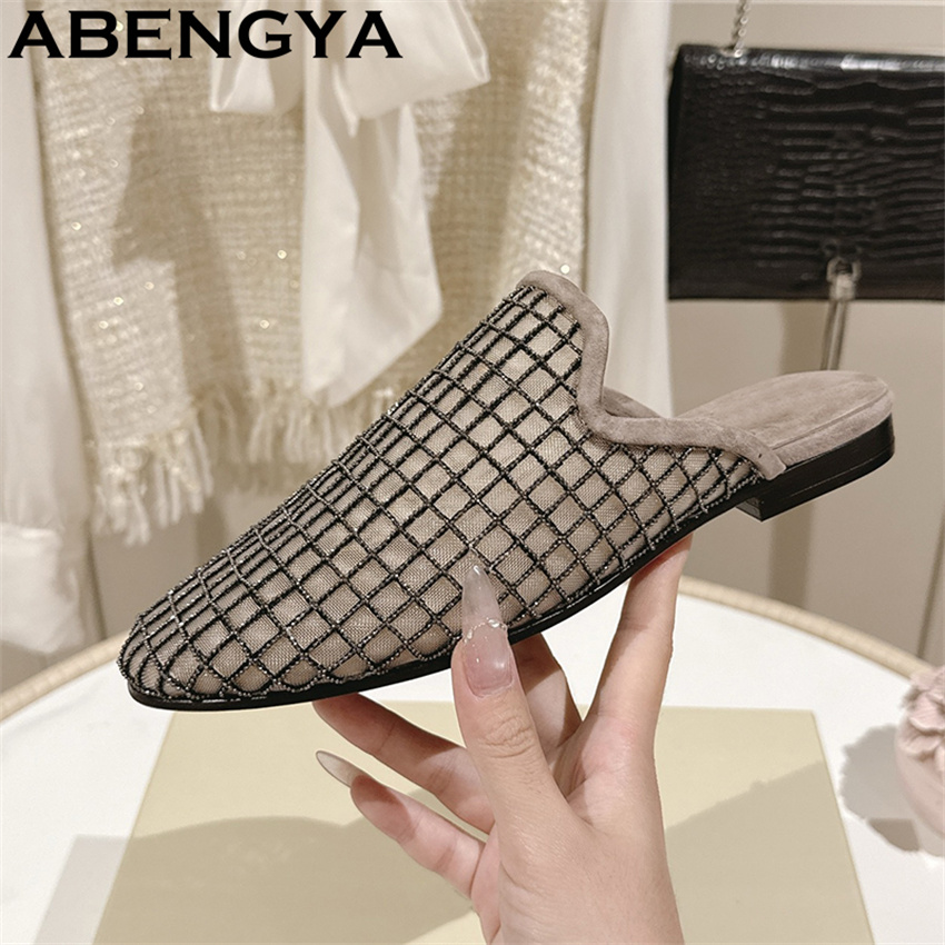 반짝이는 레이스 메쉬 라운드 토 플랫 슬리퍼 여성용 블 - Ethnic Fashion 리뷰 및 가격