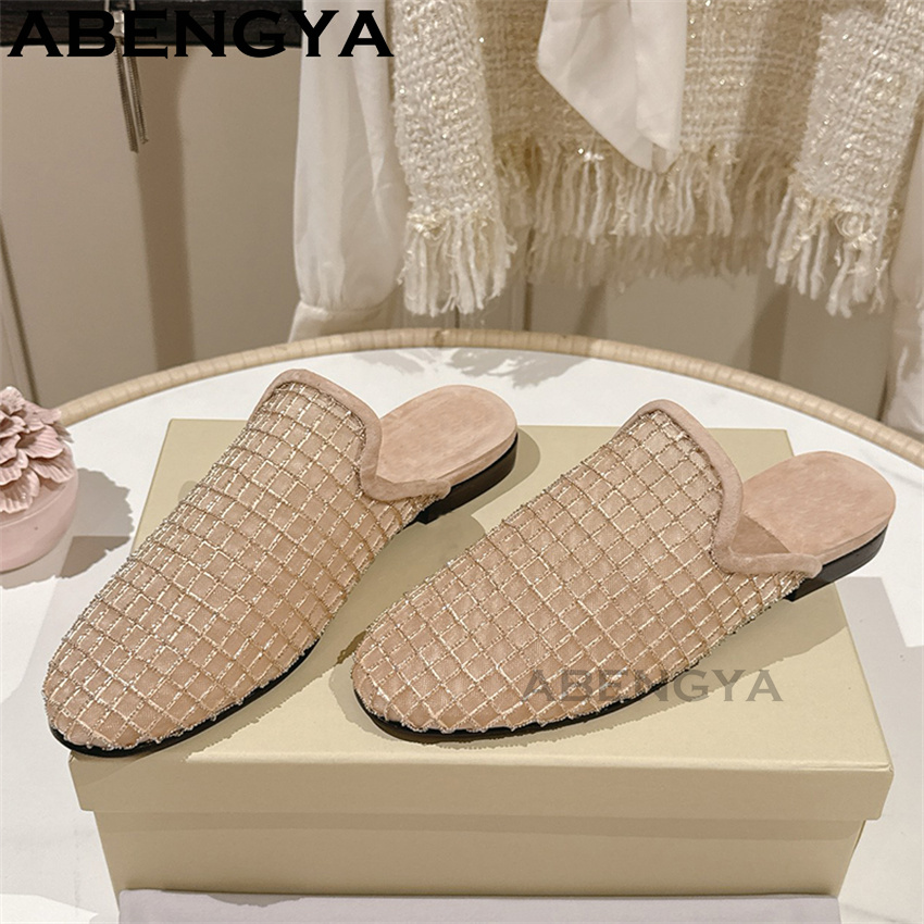 반짝이는 레이스 메쉬 라운드 토 플랫 슬리퍼 여성용 블 - Ethnic Fashion 리뷰 및 가격